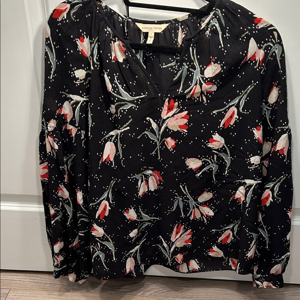 Rebecca Taylor Black Red Floral Blouse Silk Spandex Size 6 Balloon Sleeve V-Neck